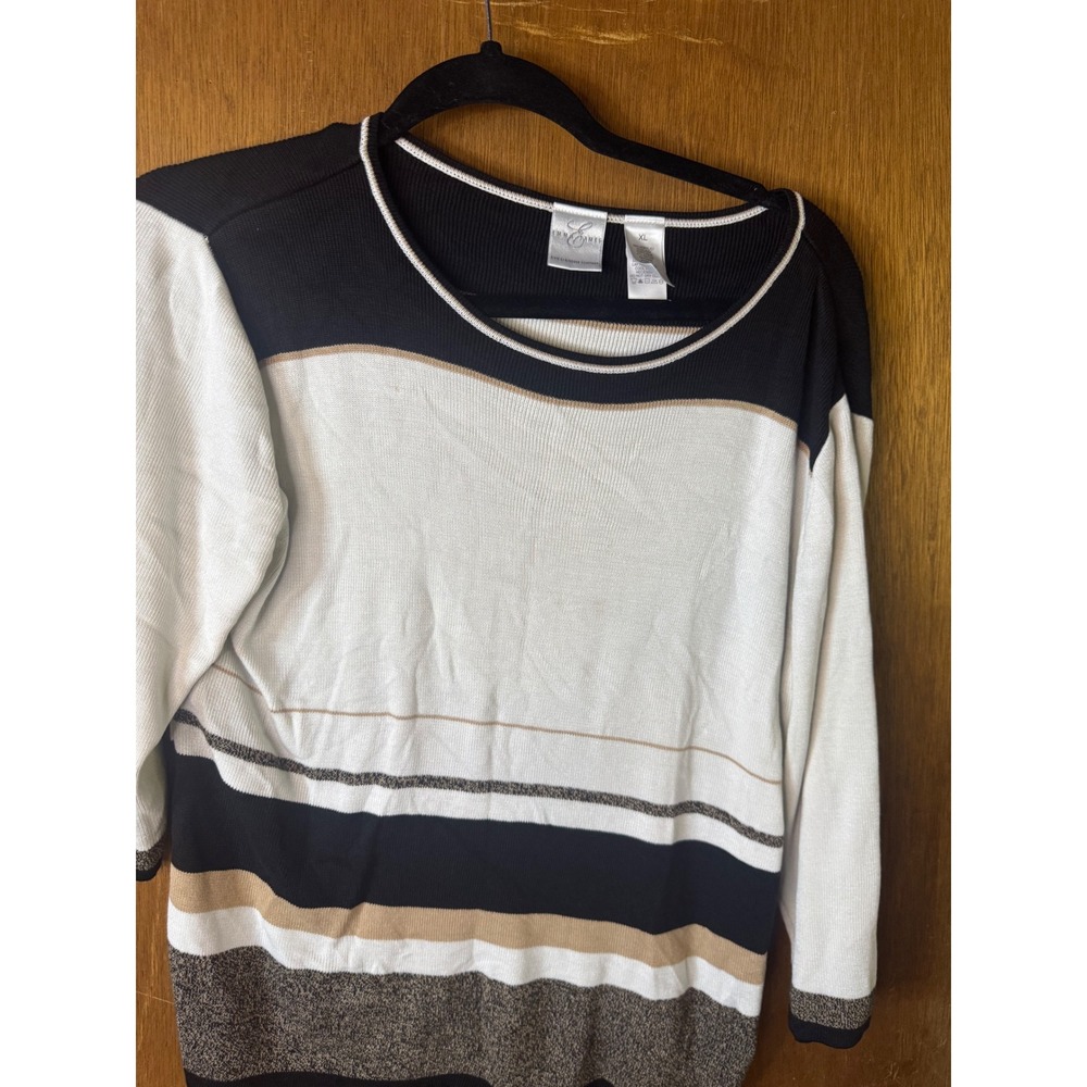 Emma James Liz Claiborne Women XL Sweater Black White Tan Striped 3/4 Sleeve Top